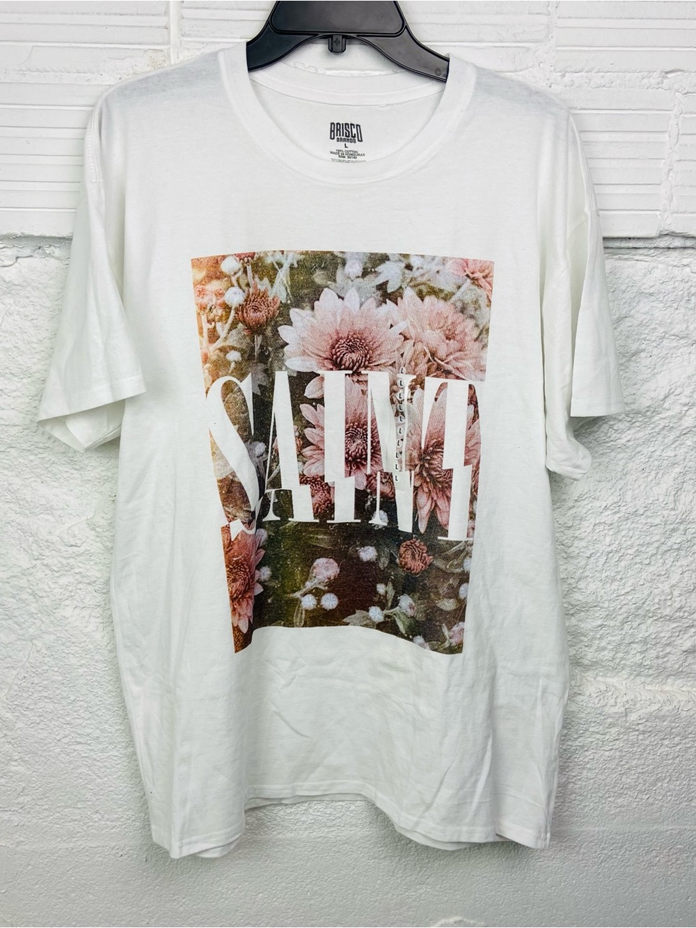 BRISCO Brands White Cotton SAINT floral short sleeve Tee - Large